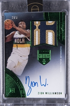 2019/20 Panini Eminence "Rookie Patch Autographs" (RPA) Green #RPA-ZW Zion Williamson Signed Game Used Patch Rookie Card (#2/3) - Panini Encased